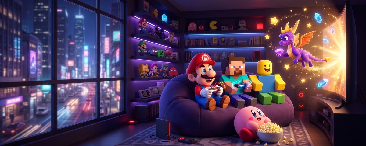 Game characters gaming in a cozy room